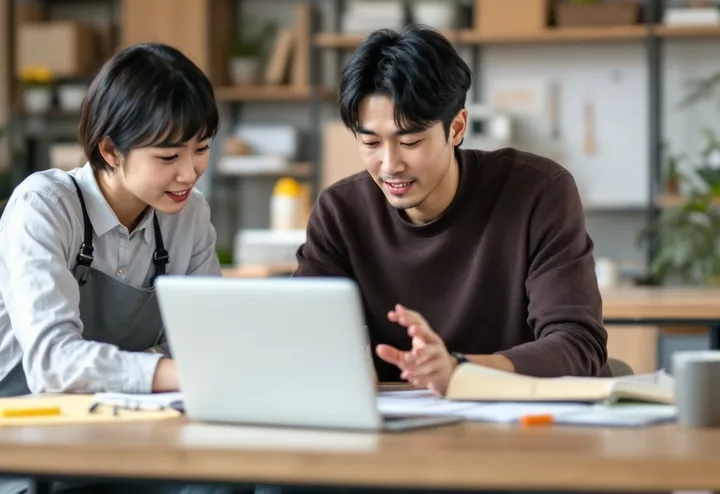 Two colleagues reviewing something together on a laptop in an office