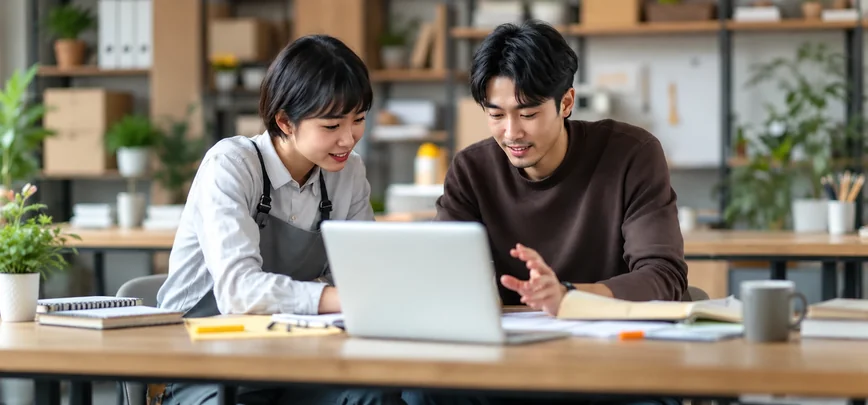 Two colleagues reviewing something together on a laptop in an office
